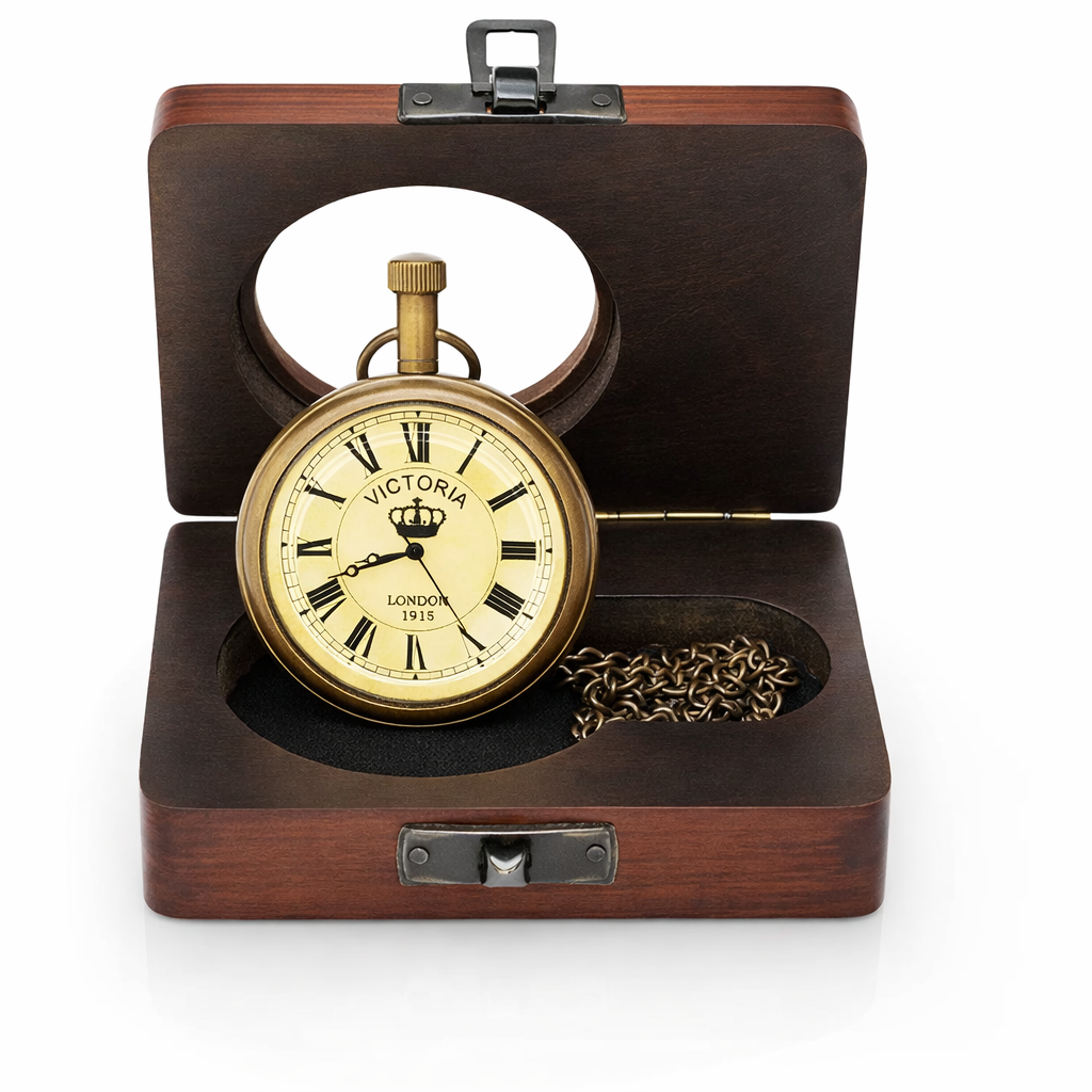 Brass Pocket Watch with Wooden Box Victoria London 1915 Antique Vintage Style Maritime - Image 4