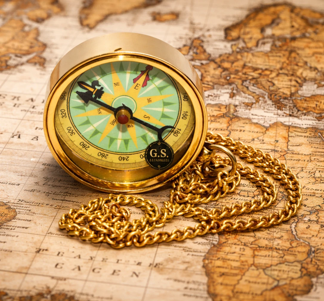 1.5" Vintage Brass Compass Biker Keychain Long Chain ntique Style Nautical Gift